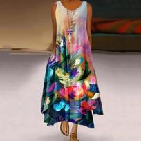 New Women's Fashion Casual Printed Dandelion Sleeveless Dress Summer Casual Printed Long Dress S