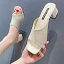 Ladies' Summer Elegant and Fashionable Knitted One Step Kick Middle Heel Breathable Thick Bottom Open Toe… More 35