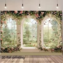 2D Floral Archway Photography Backdrop, Romantic Garden View Through White Arched Windows Background Cloth 47.2x31.5inch/120*80cm