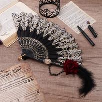 Lolitos ventiliatorius su plunksnomis ir rože, sulankstomas ventiliatorius, europietiško stiliaus, retro, paauksuotas, su nėriniais, rankinis ventiliatorius, moteriškas, arbatos vakarėlio, vestuvių ventiliatoriai, cosplay rekvizitas A