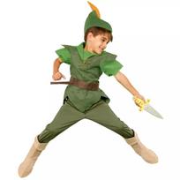 Peterio Pan kostiumas vaikams, putplasčio kepurė ir batai, kokybiškas audinys, žalias/oranžinis, 6-7 metai, 140 cm 3 years/4 years