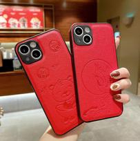 Red Leather Grain iPhone 15 Pro Max Case with Tiger & Crane Design 12 Pro arbūzo raudonos spalvos