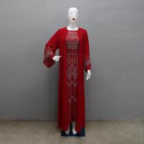 XQY500270 Chiffon & Gong Silk Belted Long Robe with Faux Two-Piece Hot Drill Design Large raudona