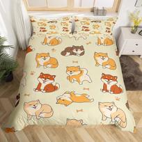 Shiba Inu Duvet Cover Set Cute Shiba Inu Bedding Set Cute Yellow Dog Cartoon Animal Farmhouse Pet Animals Polyester Quilt Cover 135x200cm