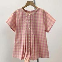 Womens Pink Plaid Round Neck Button-Down Short Sleeve Blouse M rožinė