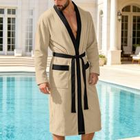 Mens Long Sleeve Kimono Robe with Trim Soft Lightweight Knit Bathrobe with Belt and Pockets for Home Spa L chaki