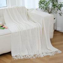 Knitted Tassel Bean Bag Blanket for Outdoor & Travel - Ideal for Spring & Air Conditioned Spaces 127x172CM with tassels, 620g gryna balta spalva