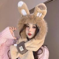 Cute Hat Scarf Integrated Winter Thickened Hat Scarf  Ear  Windproof Cute Fashion Outdoor Winter Warm Hat Plush Furry Plus Scarf Two-piece Set