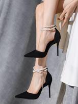 Fashion 2024 Summer New Bridesmaid Pearl Bow Black Thin Heel High Heel Shoes Elegant High Heel Pointed Women's Single Shoes women shoes 34