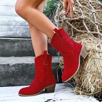 Moteriški plačiosios dalies smailianosiai kaubojiški batai, Stambiapėdi vakarietiški odiniai batai, Vintage įsispiriami madingi moteriški ankle boots 36 raudona