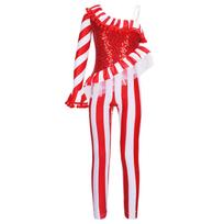 Girls Ruffle Pom Pom Trim Bodysuit One Shoulder Long Sleeve Sequin Bodice Stripe Long Pants One Piece Jumpsuit 3-4 Years raudona