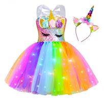 Rainbow Unicorn Dress Party Light-Up Tutu Christmas Party Dance Princess Multicolor 8-9 Years 140 CM rožinė