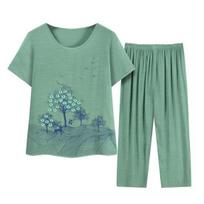 Women's Pajamas Set Crew Neck Short Sleeve Top And Cropped Pants Lounge Sets Summer Floral Sleepwear Matching Set XL