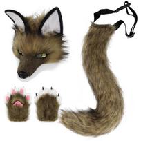 Plush Faux Fur Therian Dog Wolf Mask Paw Gloves Fox Tail Set Halloween Cosplay Costume Accessories one size