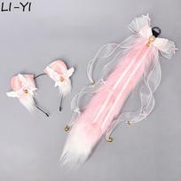2Pcs/Set Lolita Cat Ear Headband Plush Tail Fox Tail Cosplay Accessories Hand-Made Fluffy Animal Ears Fox Ear Bow Ribbon Tail ear and tail