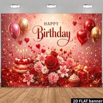 2D Romantic Red Gold Birthday Backdrop, Glitter & Heart Photography Banner 47.2x31.5inch/120*80cm