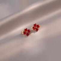 Raudonos cirkonio gėlytės auskarai, maži auskarai, nišinis dizainas, aukštos kokybės pavasario ir vasaros auskarai, moterims Stud earrings raudona