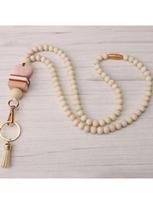 Silicone Bead Lanyard With ID Card Holder Keychain Teacher Gift Book Flower Charm FleshPinkFlower įvairiaspalvis
