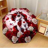 Unicorn Among Roses and Hearts (2) Theme Automatic Umbrella Compact 8-Rib Design Sturdy Construction Durable Umbrella Stylish Accessory