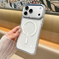 iPhone 17 Pro Max Case: Transparent Wave Design, Magnetic, Rhinestone Inlay, Metal Lens, Hard Shell iPhone 17 balta