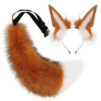 2 Pieces Plush Faux Fur Fox Ears Headband Wolf Tail Fursuit Costume Accessories one size