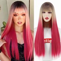 MISS WIG Moteriškas ilgas tiesus raudono vyno perukas su kirpčiukais Sintetinio pluošto perukas Juodai ruda ombre spalva moterims kasdieniam dėvėjimui 24inches