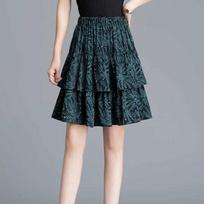 Women's Vintage Green Leaf Print Elastic Waist Ruffle Skirt M žalia