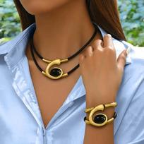 2pcs Set Boho Geometry Spiral Acrylic Imitation Zircon Double-layer Black Leather Rope Necklace Bracelet for Women Zircon Set