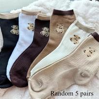 5 Pairs Of Mixed Color Teddy Bear Mid Tube Socks With Cute Cartoon Pattern Design, Suitable For Casual Wear In All Seasons One Size
