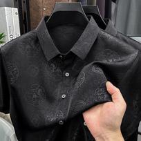 Men's Summer Hong Kong Style Loose Collar Top Men's Short Sleeved Shirt Men's Shirt 2XL juoda