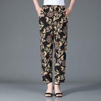 Summer Mom High Stretch Cropped Pants for Grandma Middle-aged and Elderly Wide Pine Flower Pants XL