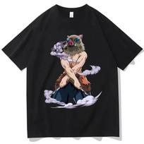 Men Clothing Anime T-shirt Demon Slayer Blade T Shirt Hashihira Innosuke Short Sleeve Hip Hop Street Style Loose Oversized Tee S smėlis