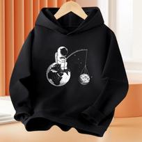 Boys 3-14Year Cartoon Space Astronaut Fishing The Moon Long Sleeve Hoodie Children Funny Tops Kids Cotton Basic Coat 100cm