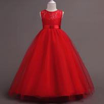 Girls Princess Dress Skirt Wedding Tutu Flower Girl Embroidered Performance Long Skirt Kids Breathable Mesh Party Formal Outfit 120cm raudona