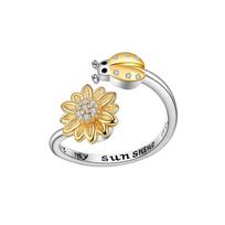 Adjustable Ladybug & Sunflower Anxiety Relief Ring for Women Engraved Lettering Metal Spinner Fidget Anti-Stress Rotating Ring resizable
