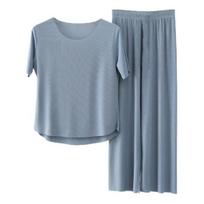 Ice Silk Pajamas Set for Women 2 Piece Short Sleeve Crewneck T Shirts And Long Pants Pjs Sleepwear Summer Soft Loungewear Set L