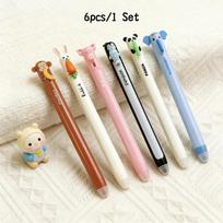 6pcs/Set Animal Shaped Erasable Gel Pens Diverse Styles Including Rabbit Elephant Panda Blue Color Refillable Ink