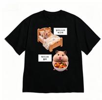 Funny Hamster in Burger Graphic Tshirt Korean Aesthetic Short Sleeve for WOMEN Unisex Black Crew Neck Tee with Korean Quote Y2k S