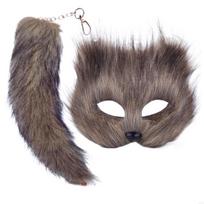 652F Therian Mask And Tail For Women Girls Fuzzy Cats Foxes Wolf Mask Tail Keychain Cosplays Halloween Costume