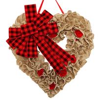 Heart Shaped Burlap Wreath with Checked Bow and Fabric Accents for Door Wall or Home Decoration Hanging Display One Size raudona