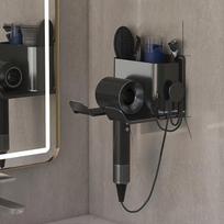 In-Stock No-Punch Wall-Mounted Hair Dryer Holder with Wind Nozzle and Bathroom Vanity Shelf for Toothpaste and Comb Storage. juoda
