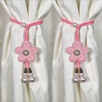 2Pcs Fashion Pearl Color Adjustable Floral Decorative Curtain with Faux Pearl, Butterfly Strap and Elegant Decorative Rope rožinė