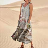 Women's Casual Comfort Flower Printed Sleeveless Pocket Dress S smėlis