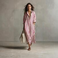 Women's Fashionable Loose V-neck Long Striped Three-quarter Sleeve Shirt Dress XXXL rožinė