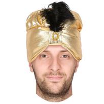 Creative Arab Turbans for Unisex Soft Pre-Tied Turban Headwrap Golden Hat with Feather Sultan Cosplay Halloween 1