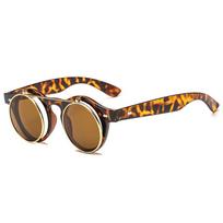 Unisex Retro Apvalaus Rėmelio Atverčiami Saulės Akiniai Dvigubo Sluoksnio Akiniai Lauko Akiniai Apsaugantys Nuo Saulės Punk Juodi Atspalviai Akiniai leopardo rašto spalva