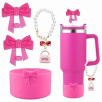 Cup Accessories Set For Stanley,Including 1Pcs Cute Bow Straw Cover Caps,1Pcs Silicone Boot Sleeve And 1Pcs Handle Charm