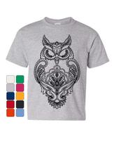 Black Owl Henna Style Youth kids boys T-Shirt Wildlife Nature Knowledge Wisdom Kids Tee 130