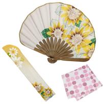 Stylish Business Fan Set with Fan Case and Handkerchief Sunflower Design [Osaka Choseido] Women's - (Beige) smėlis