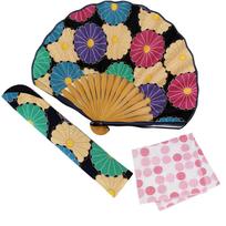 Stylish Business Fan Set with Fan Case and Handkerchief Large Chrysanthemum Design [Osaka Choseido] Women's - (Blue) mėlyna